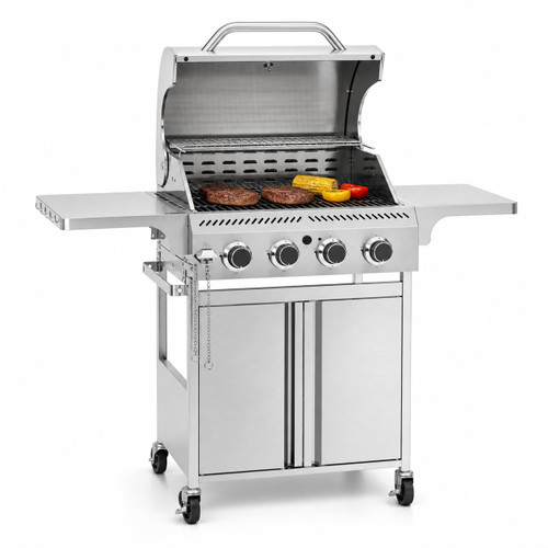WAA 4-Burner Propane Gas Grill, 32,000 BTU, SUS201 Stainless Steel with 3 Enameled Grates and Foldable Side Shelf for Patio Use