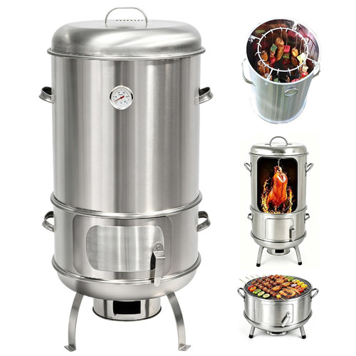 3-in-1 Vertical Charcoal BBQ Smoker Grill Stainless Steel Drum