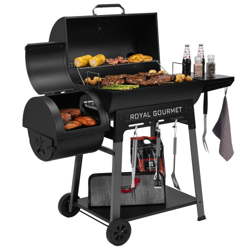 Grills House CC1831M Barrel Charcoal Grill with Offset Smoker Black