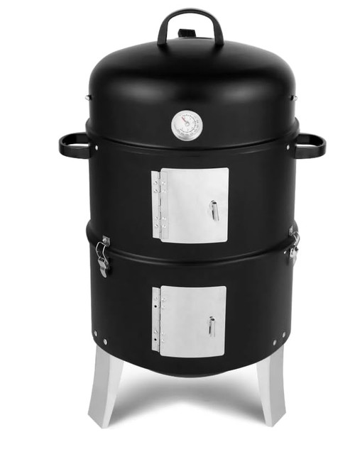 Vertical Steel Charcoal Smoker, Heavy Duty Double Layer Round BBQ Grill for Outdoor Cooking, Black