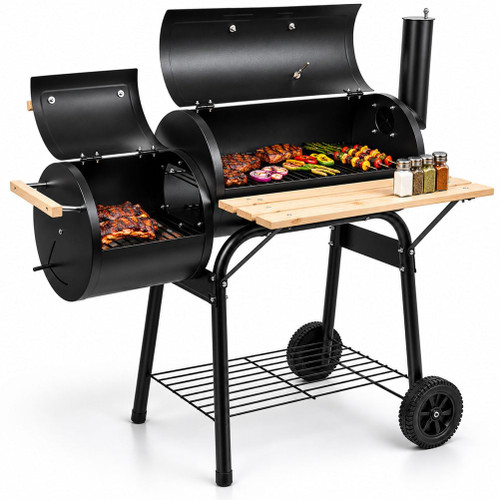 AMZSTAN Charcoal Grill with Offset Smoker, 44.1 Inch Outdoor BBQ Grill with Thermometer, Adjustable Damper, Side Firebox, Front Wood Shelf and Wheels for Backyard Cooking, Black