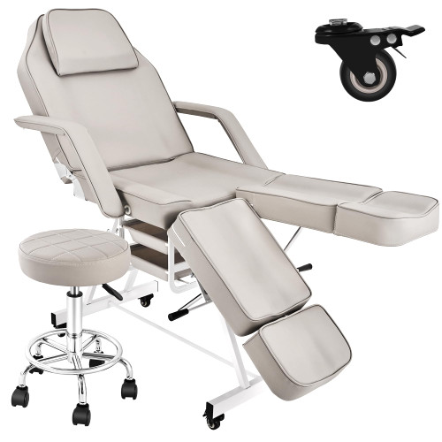 KIIUMI Tattoo Chair with Wheels, Split Leg Facial Bed for Esthetician Table with Hydraulic Stool, Professional Adjustable Arms Client Tilting Tattoo Artist Station Beauty Spa Massage Equipment, Gray