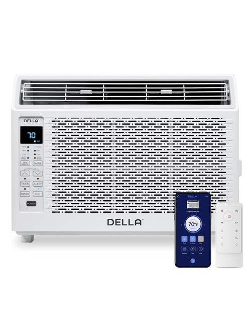 DELLA 6000 BTU AC Unit with Energy Saving Window Air Conditioner,WIFI Smart Controls, GEO Location, Work with Alexa, Cools Up to 250 Sq. Ft, Easy Install,Reusable Filter,Remote, Dehumidifier, Fan