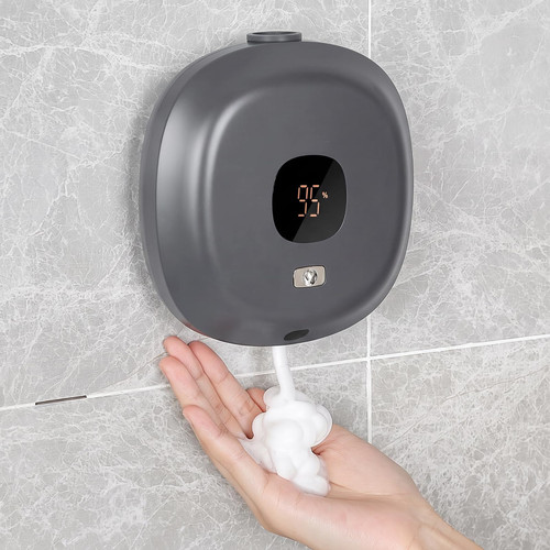 Automatic Foaming Soap Dispenser for Kitchen and Bathroom with Digital Display & 3 Adjustable Modes, Wall-Mount Touch-Free Hand Soap Dispenser (Gray)
