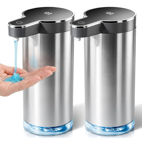 Walkinstin Automatic Soap Dispenser, 2Pack Stainless Touchless Liquid Soap Dispenser Digital Display, 11.6 fl oz Electric Dish Soap Dispenser, Wall Mount, 4 Adjustable Volumes for Kitchen & Bathroom