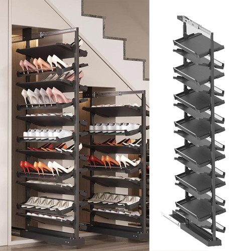 Pull-Out Shoe Rack Organizer for Closet Shoe Cabinet,Adjustable Height Retractable Metal Stackable Shoe Rack, Vertical Shelf Organizer for Small Bedroom Closet, Space Saving Storage, Black(80cm,15 Tie