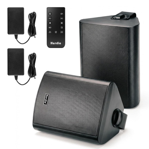 Herdio 5.25" 300W Outdoor Bluetooth Speakers, IPX5 Waterproof Rating and Be Able to Wireless Multi-Connection Up to 20 Units for Patio/Porch/Balcony (Black, 2-Pack)