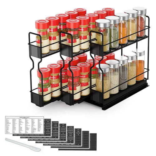 SpaceAid Pull Out Spice Rack Organizer, Heavy Duty Slide Out Seasoning Kitchen Organizer, Cabinet Organizer, with Labels, 7.7" W x10.75 D x10 H, 3 Drawers 2-Tier