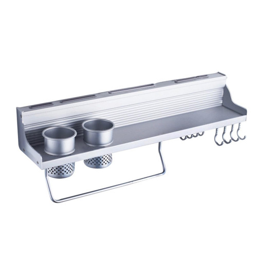 Wall Mounted Spice Rack Aluminum Organizer with Eight Hooks and Shelf
