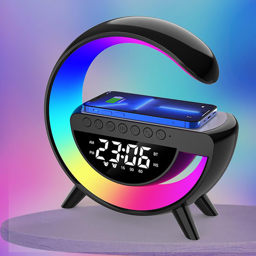 ZFMF Smart Wireless Charging Table Lamp, Multifunctional Bluetooth Speaker & Alarm Clock - LED Bedside Desk Lamp Night Light for Heavy Sleepers, Superfine Bedroom Home Decoration (Black)