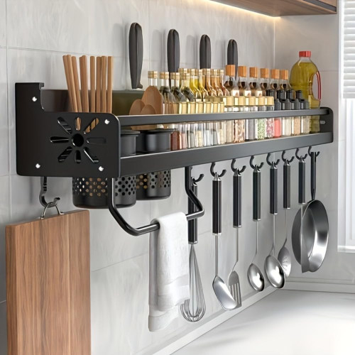Metal Wall-Mounted Spice Rack Organizer with Hooks for Kitchen Storage