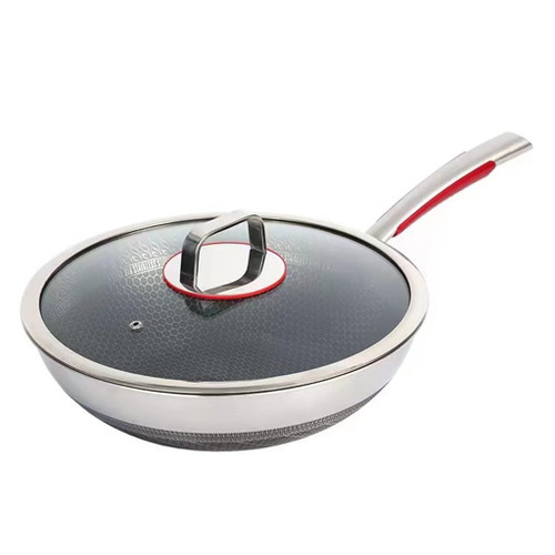 QOPCBCGN Stainless Steel Frying Pan, Household Flat Bottomed Non Stick, Double-sided Screen, Uncoated Honeycomb(34CM)