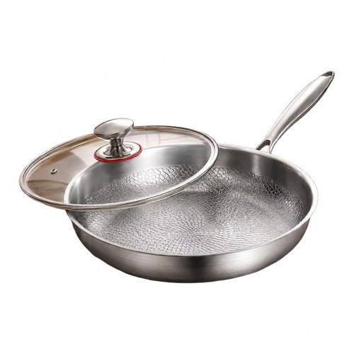 304 Stainless Steel Frying Pan 24Cm With Glass Lid,Hammered Texture Skillet