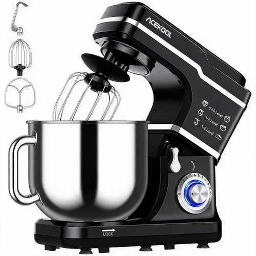 Hosslly 7.5QT 660W 10-Speed Tilt-Head Stand Mixer with Stainless Steel Bowl, Dough Hook, Whisk, Beater & Splash Guard – Black