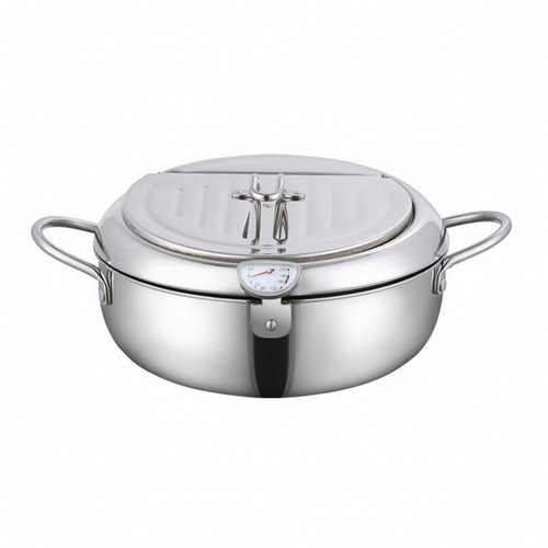 Whtkoph Stainless Steel Fryer Pot With Thermometer Lid 304 Steel Frying Kettle Wide Mouth Deep Fryer For Oil Control Two Sturdy Side Handles Suitable For Home Kitchen Use, Silver, 28CM