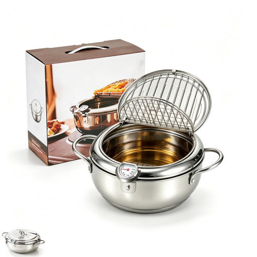 304 Stainless Steel Stovetop Deep Fryer Pot with Thermometer & Oil Rack