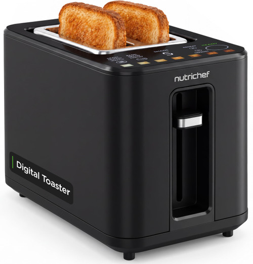 NutriChef 2-Slice Digital Toaster | 6 Preset Toast Modes Grain, Bagel, Muffin, Bread, Waffle & Pastry | Includes LED Touch Screen, Crumb Tray, Auto-Power Safety Cutoff & Memory Saver | Black