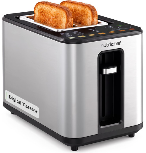NutriChef 2-Slice Digital Toaster | 6 Preset Toast Modes Grain, Bagel, Muffin, Bread, Waffle & Pastry | Includes LED Touch Screen, Crumb Tray, Auto-Power Safety Cutoff & Memory Saver | Stainless Steel