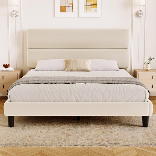 GRUSIGN Queen Size Platform Bed Frame with Velvet Headboard, Adjustable Height Wooden Slats Support, Upholstered Mattress Foundation, Fits Mattress or Mattress with Box Spring, Easy Assembly, Beige