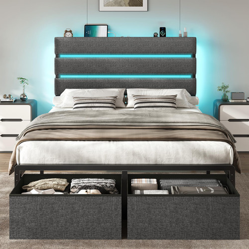 Twin Bed Frame with LED Upholstered Headboard, Storage Drawers & Charging