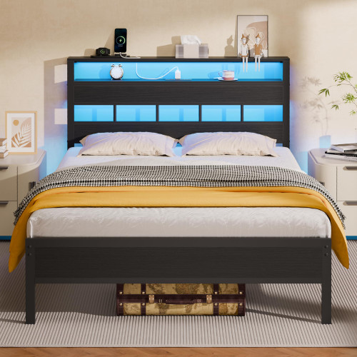 Furnulem Full Size Bed Frame, Storage Headboard, LED & Charger, Black Oak