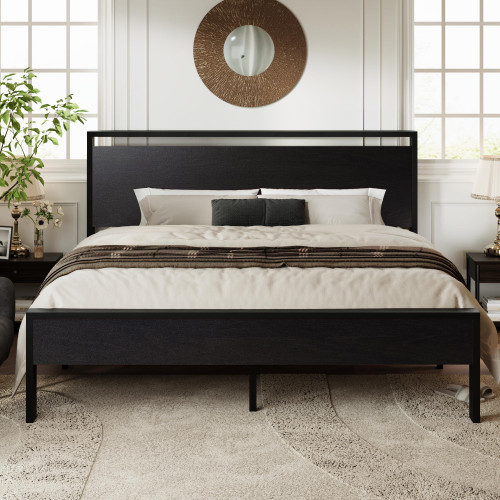 Allewie King Size Bed Frame, Heavy Duty 12 Metal Slats Support, Black Oak