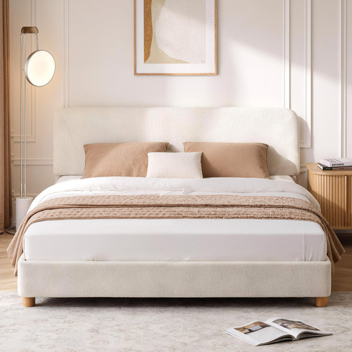 Queen Cloud Bed Frame, Wood Boucle Upholstered Platform Bed, Cream White