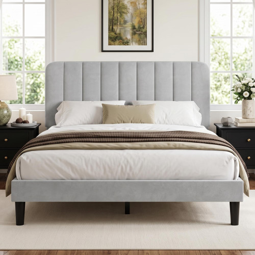 VECELO Queen Size Bed Frame with Upholstered Headboard, Velvet Platform Bedframe Mattress Foundation, Strong Wood Slat Support, No Box Spring Needed,Light Grey