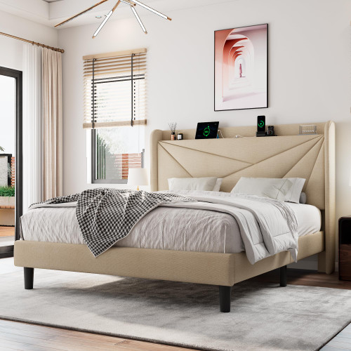 Einhomn Queen Size Upholstered Bed Frame with Charging Station, Platform Bed Frame with Storage Headboard, Solid Wood Slats Support, No Box Spring Needed, Beige