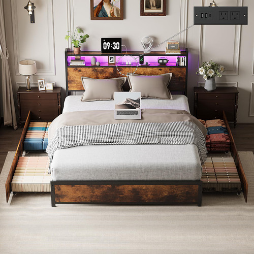 VINGLI Queen Bed Frame with 4 Storage Drawers and Headboard, Metal Platform Panel Bed with Charging Station and RGB LED Lights, No Box Spring Needed, Noise Free, Easy Assembly,Rustic Brown