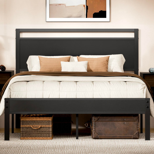 Z-hom Queen Bed Frame with Wooden Headboard & Footboard,Metal Platform Bed