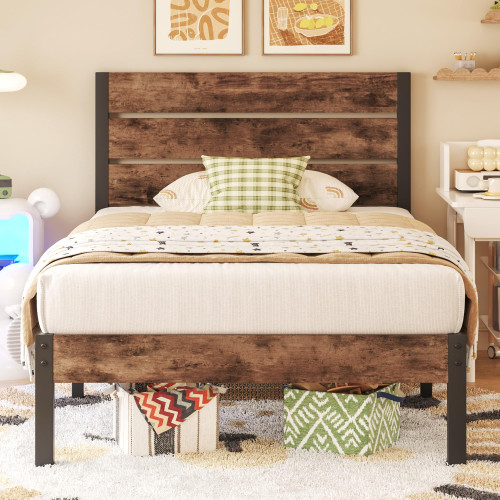 Fluest Twin Bed Frame with Headboard and Footboard, Metal Twin Bed Frame with Under Bed Storage, All-Metal Support System, No Box Spring Needed, Easy Assembly,Rustic Brown