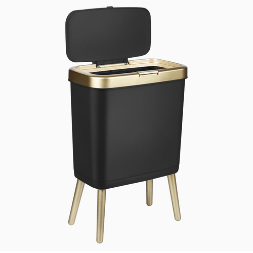 Yatgowell Bathroom Trash Can 4 Gallon, Dog Proof Trash Bin with Press Top Lid, Black Office Waste Basket with Gold Edge, Tall Narrow Garbage Cans for Kitchen, Toilet, Living Room, Bedroom