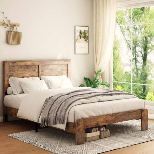 DWOYFO Wood Platform Bed Frame, Queen Bed Frame with Headboard, Dark Brown