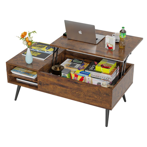 FDW Modern Lift Top Coffee Table Wooden Small Coffee Table Easy Setup Coffee Table with Storage Shelf Hidden Compartment for Living Room Home Office, Dark Brown