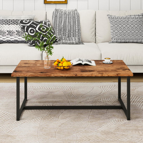 JUISSANO Coffee Table Rectangular Center Table for Living Room Open Space Side Table with Metal Frame, Easy Assembly, Black+ Rustic Brown Wood Coffee Table