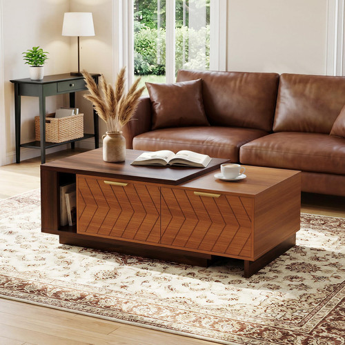 Miereirl 42"- 65" Extendable Coffee Table, Dual-Tone Large Center Table with Sliding Tabletop, 2 Storage Drawers & Open Shelf, Wood Coffee Table Length Adjustable for Apartments, Living Room & Office