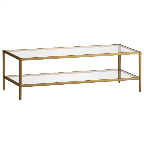 Henn&Hart 54" Wide Rectangular Coffee Table with Glass Shelf in Antique Brass, Modern coffee tables for living room, studio apartment essentials