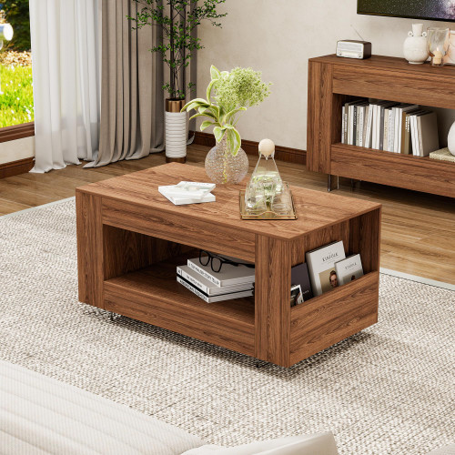 39" Coffee Table with Sides Storage & Transparent Legs, Brown Wood Grain