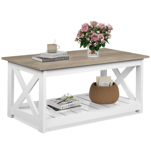 WLIVE Farmhouse Coffee Table for Living Room, 40.1" Rustic Center Table with X-Frame Support & Storage Shelf, 2-Tier Wood Coffee Tables for Bedroom & Balcony, White