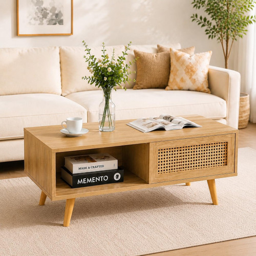 velohomy Mid Century Modern Coffee Table with Storage, 41.3" Rectangle Center Table, Rattan Sliding Door, Open Shelf & Solid Wood Legs, Wooden Accent Sofa Table for Living Room & Apartment, Natural