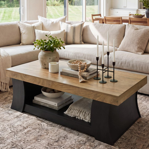 LITTLE TREE 55" Coffee Table, Living Room Table with Storage Shelf, Wooden Coffee Table, Modern Farmhouse Rectangle Center Table for Living Room, Bedroom, Office, Rustic Brown+Black