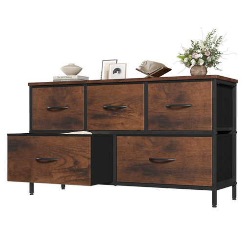 OLIXIS 5 Drawer Dresser for Bedroom, Wide Fabric Storage Tower, Brown