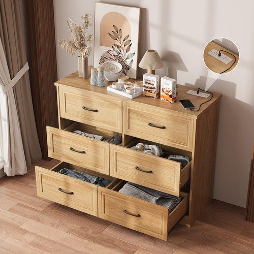 Fameill Dresser for Bedroom, 6 Drawer Wide Dresser Organizer with Charging Station for Hallway with Metal Handles, Oak