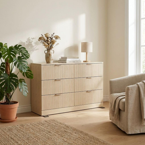MALOL Modern Fluted 6 Drawer Dresser, Wide Wooden Storage Cabinet with Metal Handles, Silent Glide Drawers, Anti-Tip Chest for Bedroom, Living Room, Natural Wood, 47 Inch