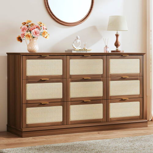 HUAHUU 9 Drawer Dresser for Bedroom, 60 Inch Long Dressers & Rattan Chest of Drawers, Boho Style, Large TV Stand for 55, 65, 70 Inch TV, for Bedroom, Living Room, Entryway, Hallway, Walnut