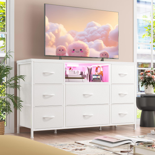 EnHomee White Dresser for Bedroom with LED Lights & Charging Station