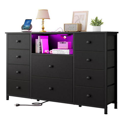 Dresser with Charging Station and LED Lights, Black Dressers for Bedroom