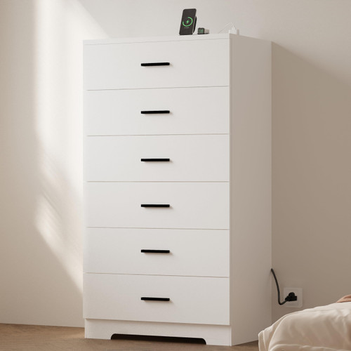 AXCIGOC 48" Tall Dresser for Bedroom Chest of Drawers with Power Outlets Wood 6 Drawers Dresser with Large Storage Space and Metal Handles Modern Closet Storage Drawer for Living Room Hallway White