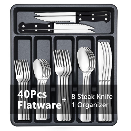 BEWOS 49-Piece Silverware Set with Organizer - Stainless Steel Silverware Set for 8 with Steak Knives and Drawer Organizer, Mirror Polished Flatware Set for Home and Restaurant, Dishwasher Safe